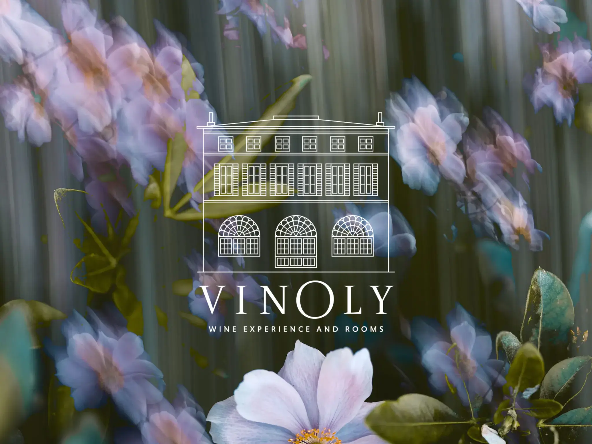 The Vinoly logo, a line drawing of a building above “Wine experience and rooms”, over blurred lilac flowers and leaves
